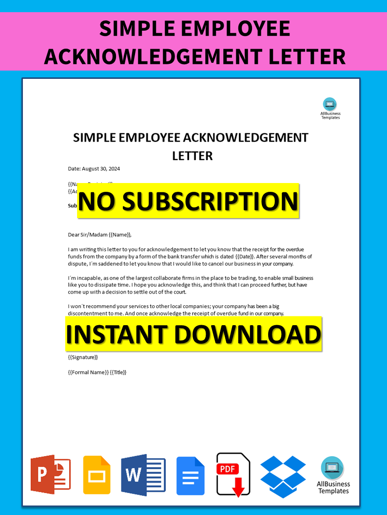 Simple Employee Acknowledgement Letter 模板