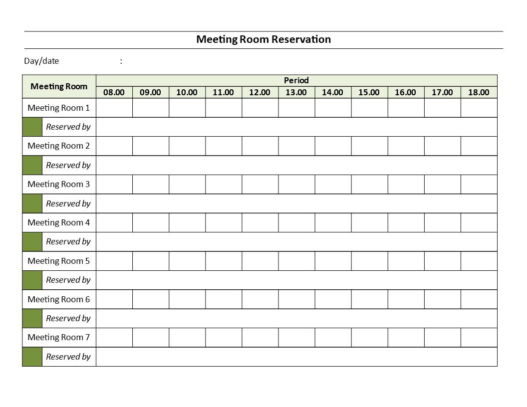 免费 Meeting Rooms Reservation sheet 样本文件在 allbusinesstemplates com