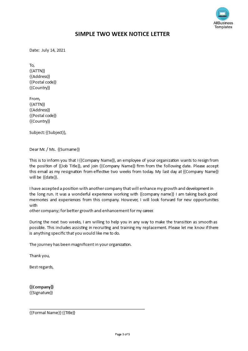 2 weeks notice resignation letter format template