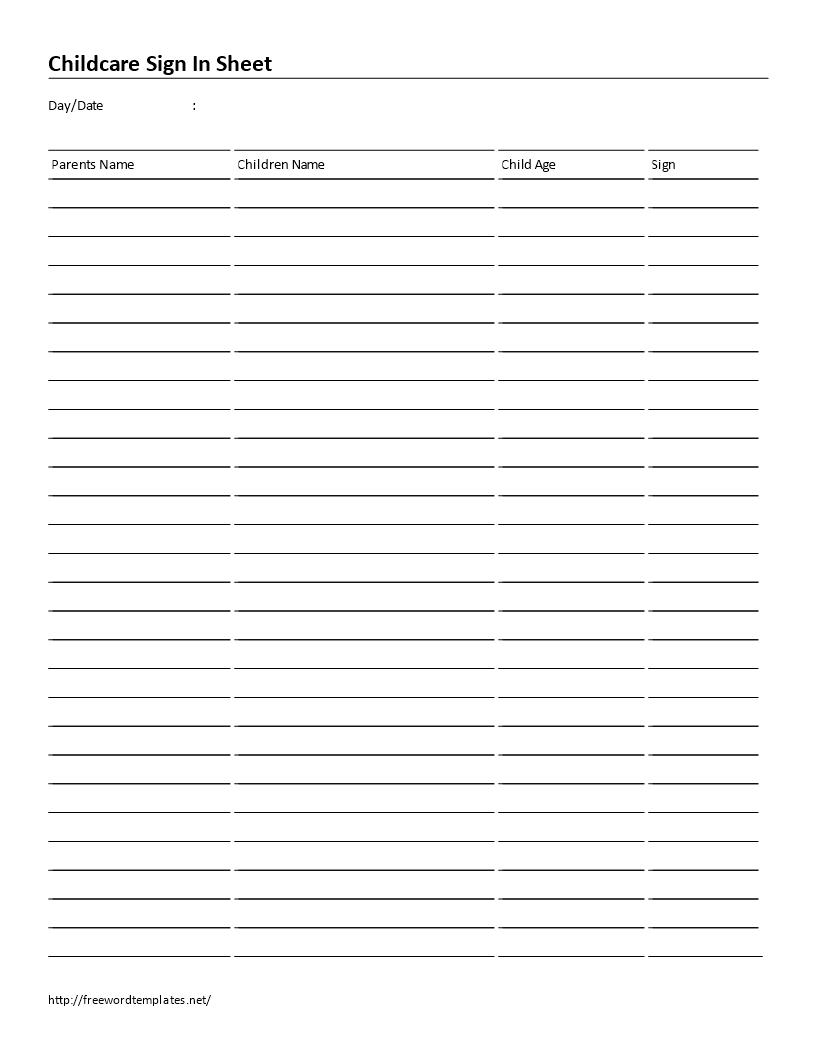 childcare sign-in sheet with 4 columns template