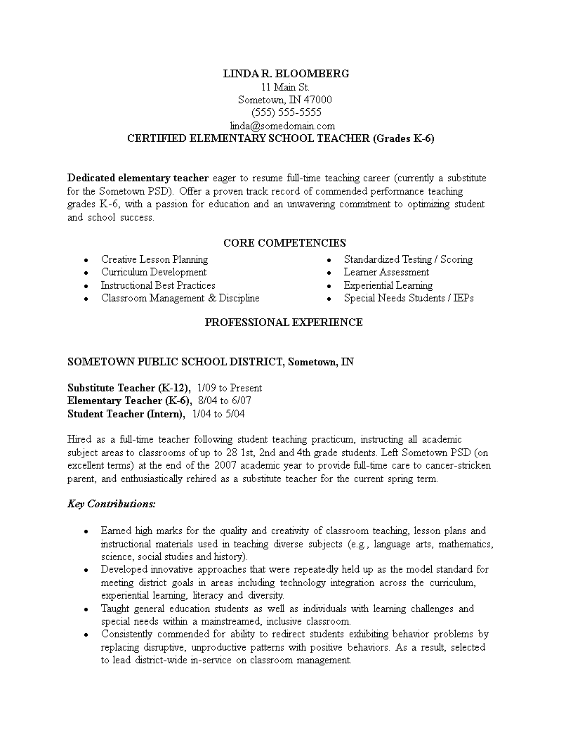 Elementary School Teacher Job Resume | Templates at allbusinesstemplates.com