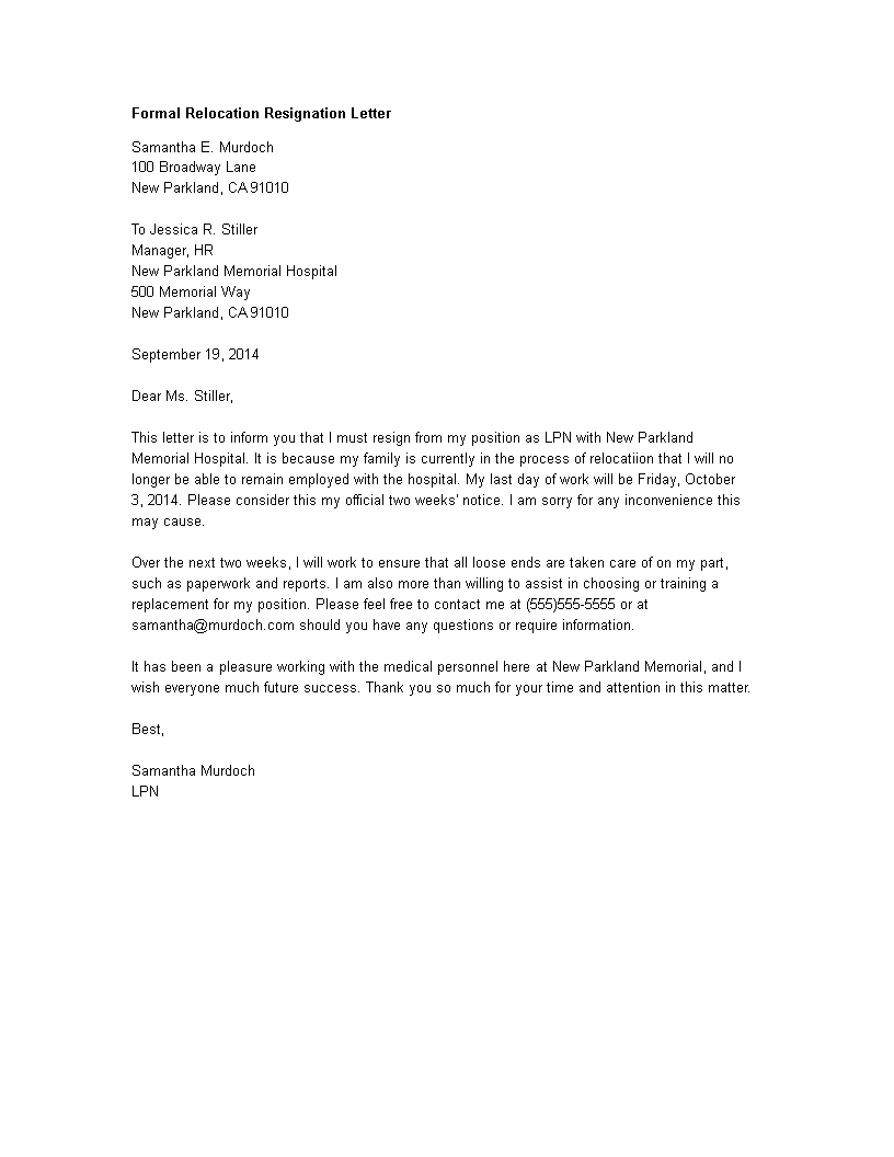 Formal Relocation Resignation Letter Templates At 