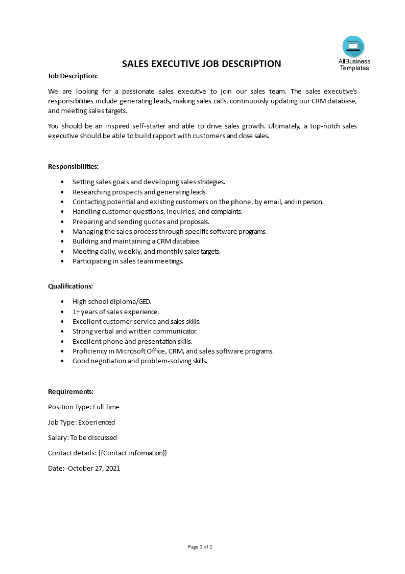 Gratis Retail Sales Executive Job Description