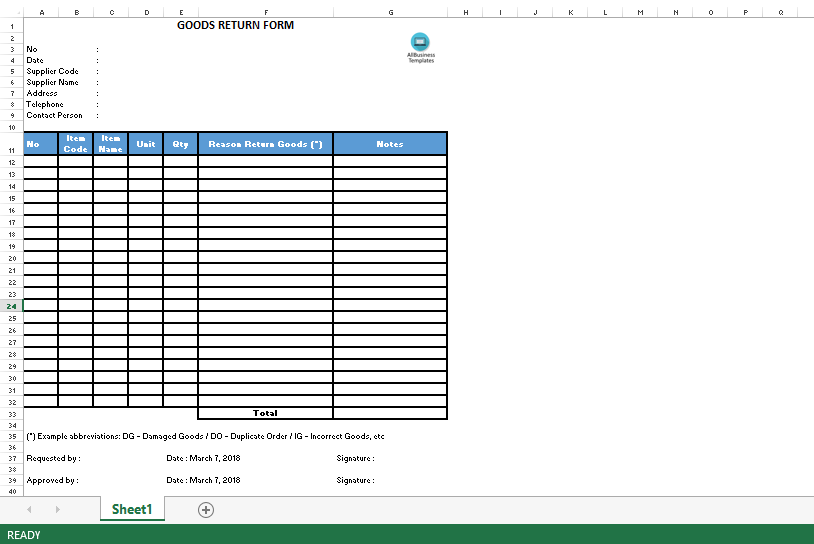 Products Return Form Excel Templates at