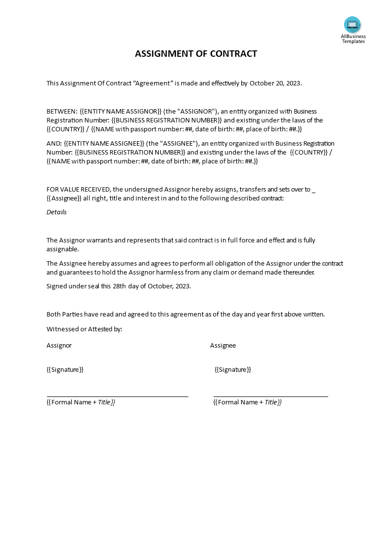 Assignment of contract  Templates at allbusinesstemplates.com