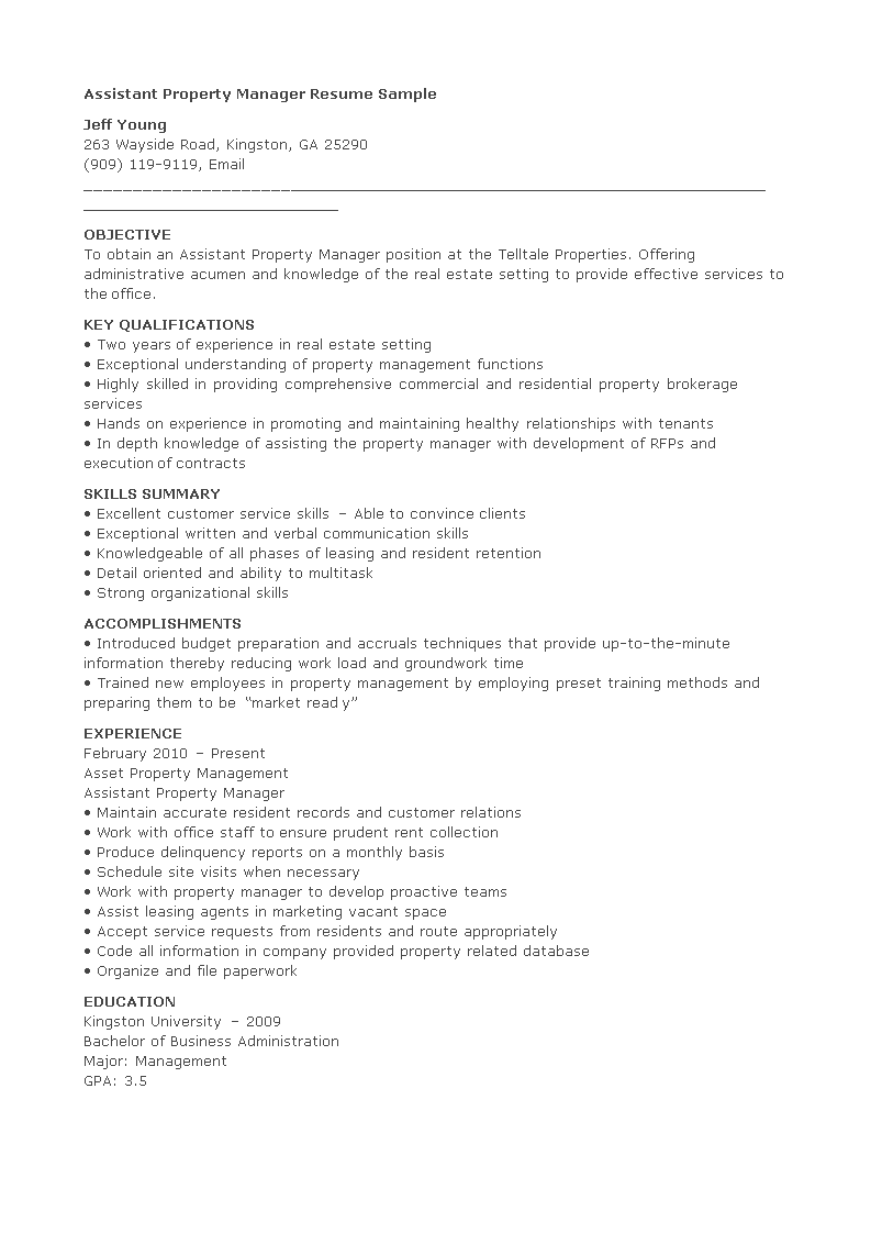 T l charger Gratuit Assistant Property Manager Resume