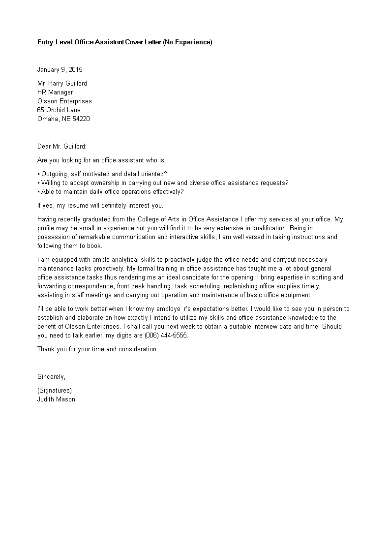 Kostenloses Entry Level Office Assistant Cover Letter