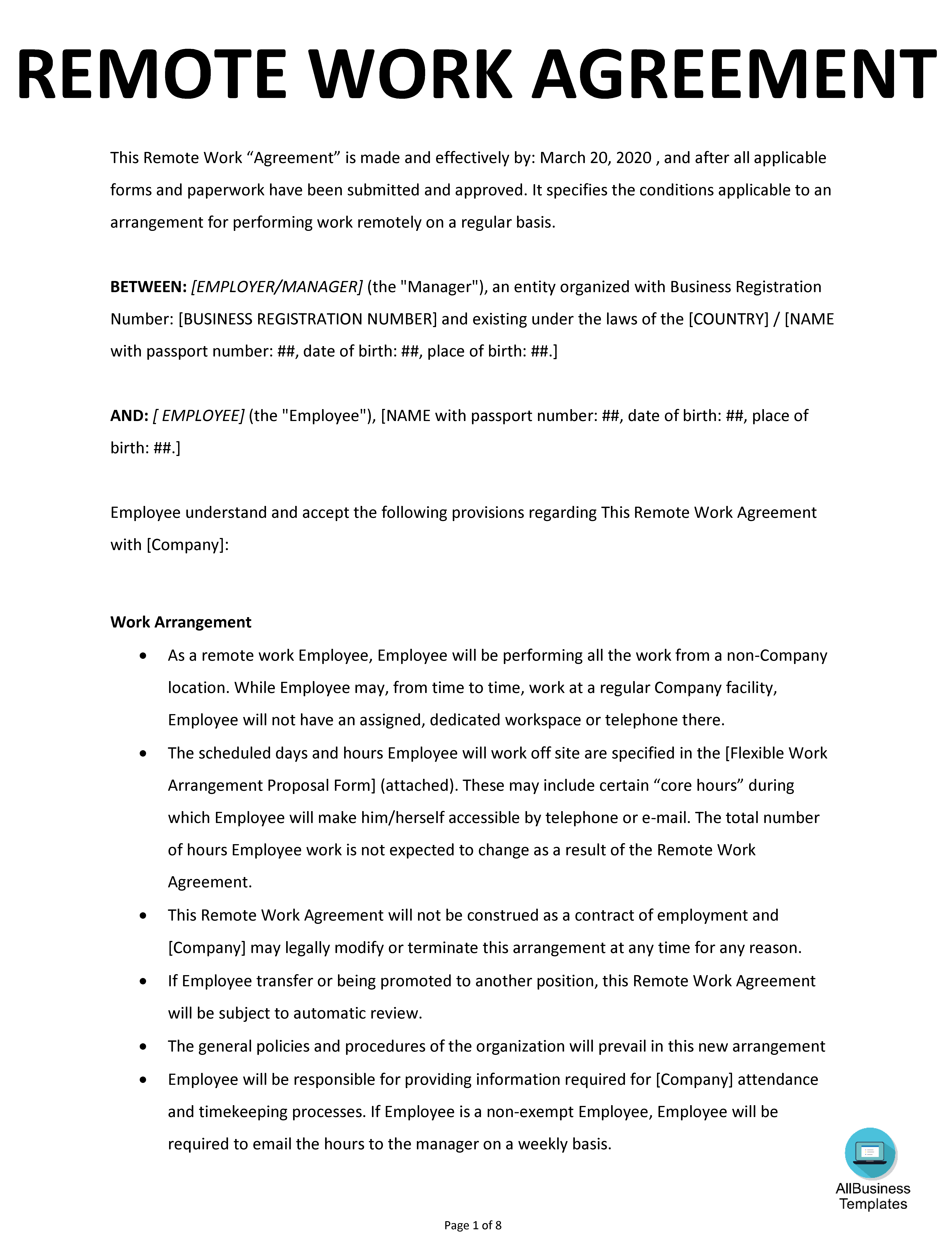 Remote Work Agreement Templates at