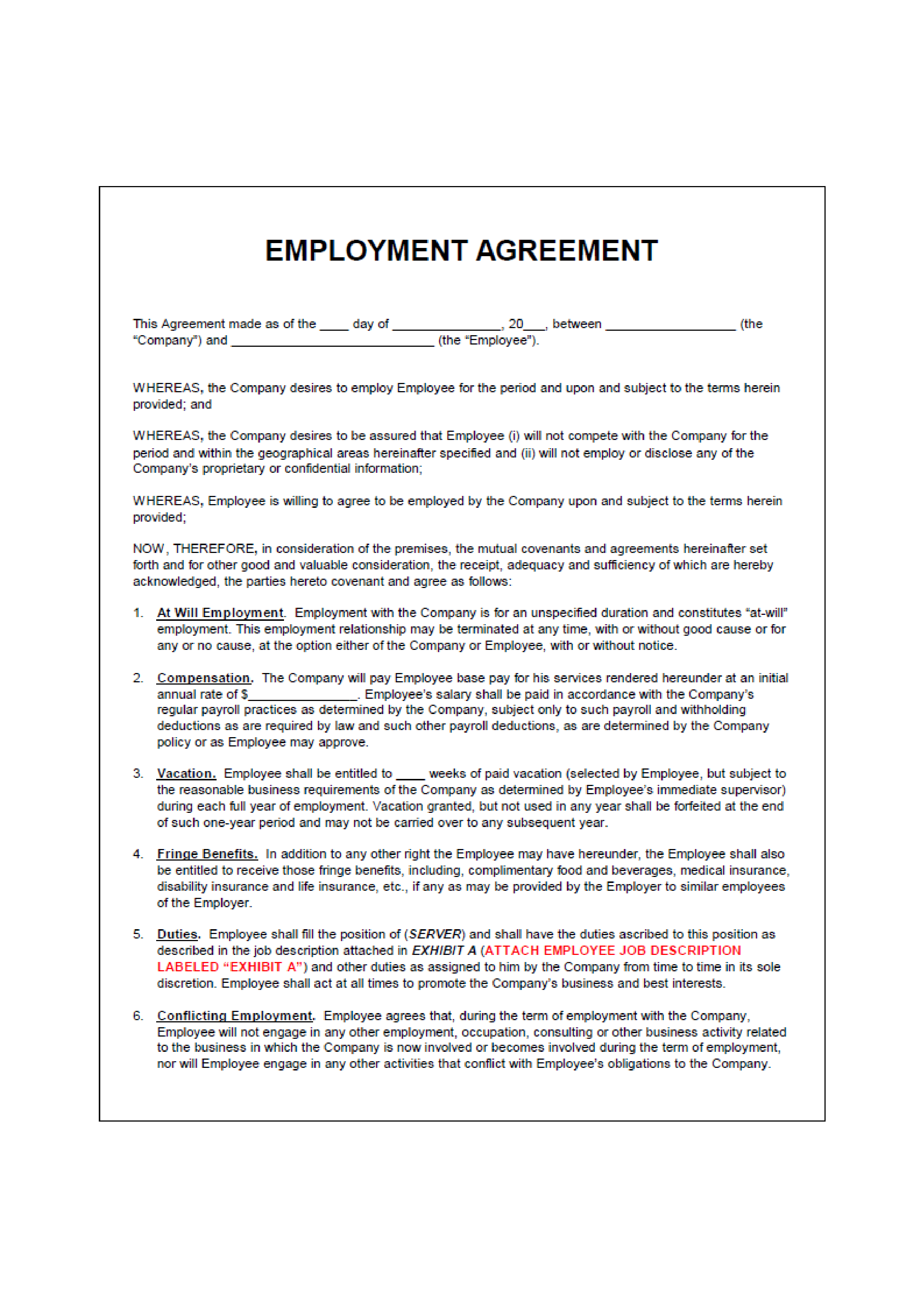 employment agreement cafe modèles