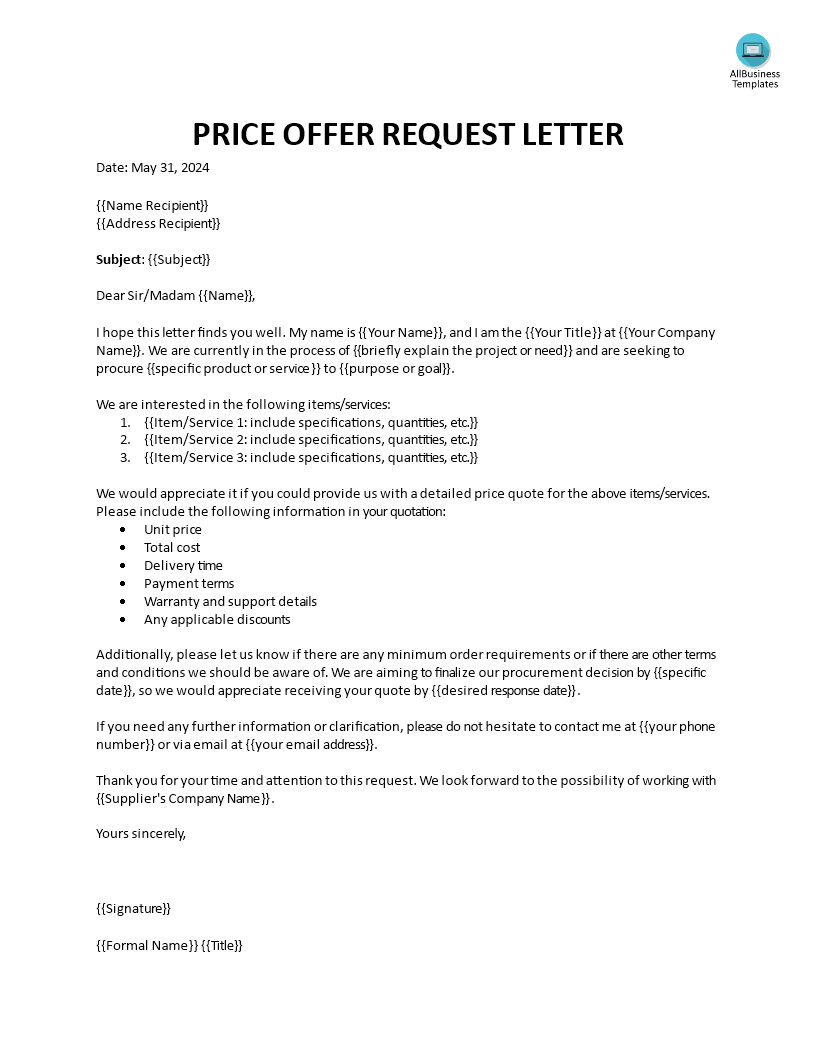 Price Offer Request Letter main image