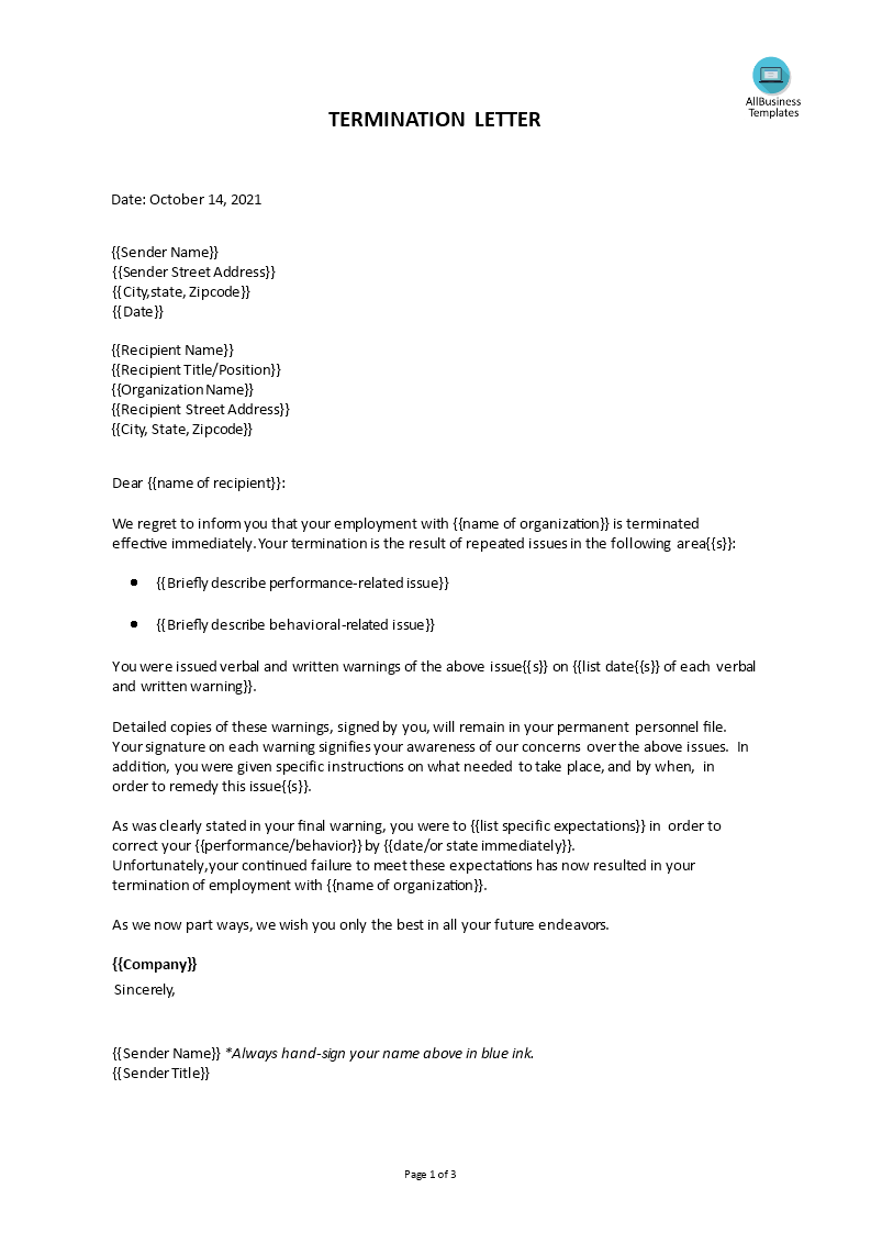 Gratis Employment Termination Letter template