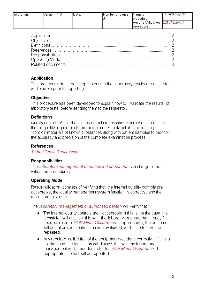 Results Validation Quality SOP | Templates at allbusinesstemplates.com