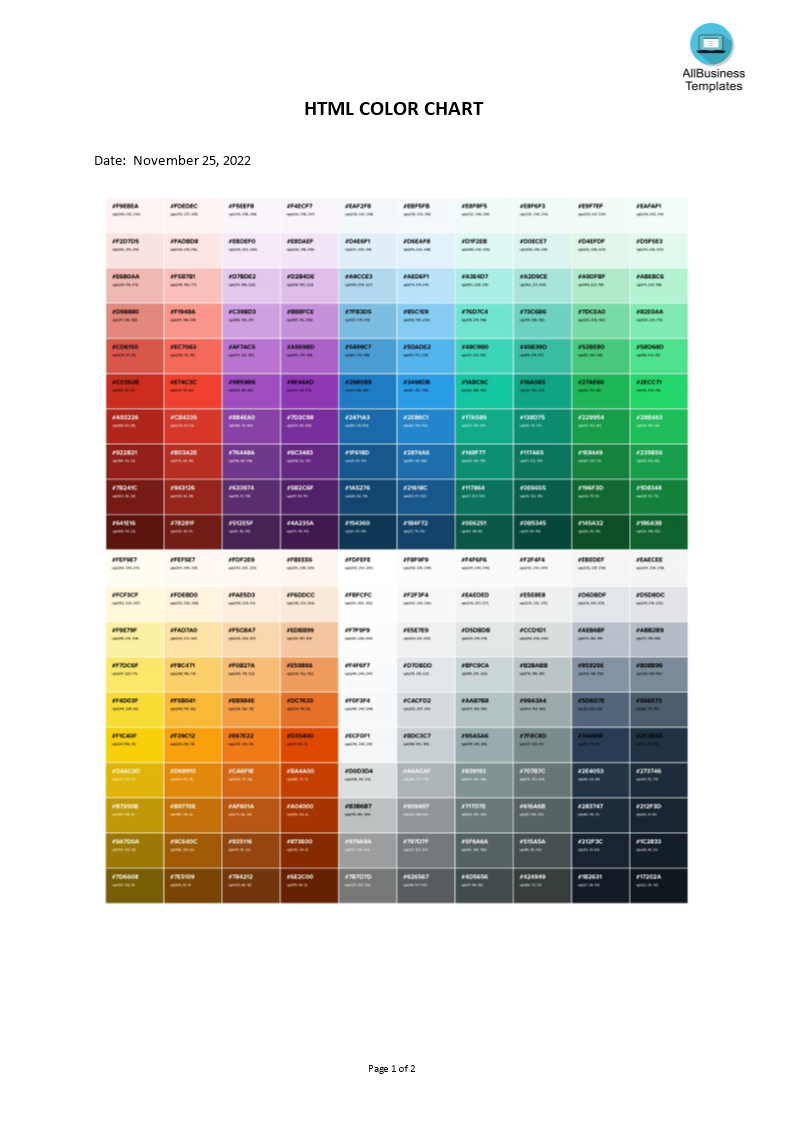 HTML Color Codes Chart Templates At Allbusinesstemplates