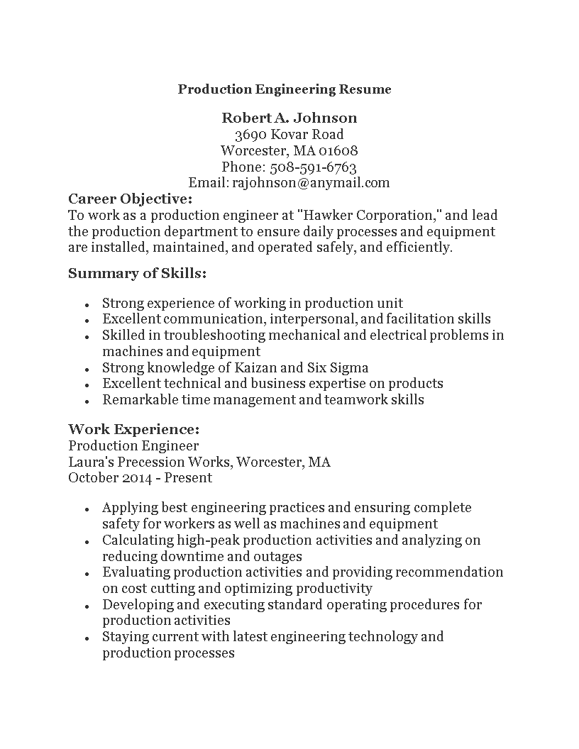Production Engineering Resume Templates at
