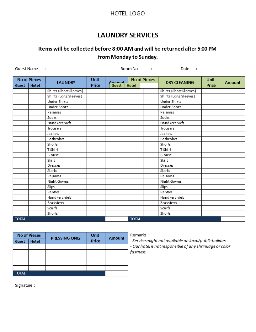 Hotel Laundry Services Price List Templates At Allbusinesstemplates