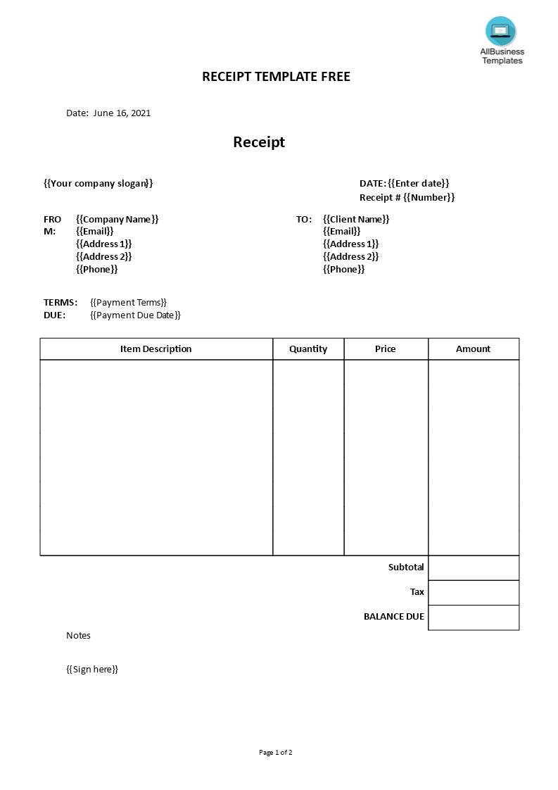 Receipt Template Free Templates At Allbusinesstemplates