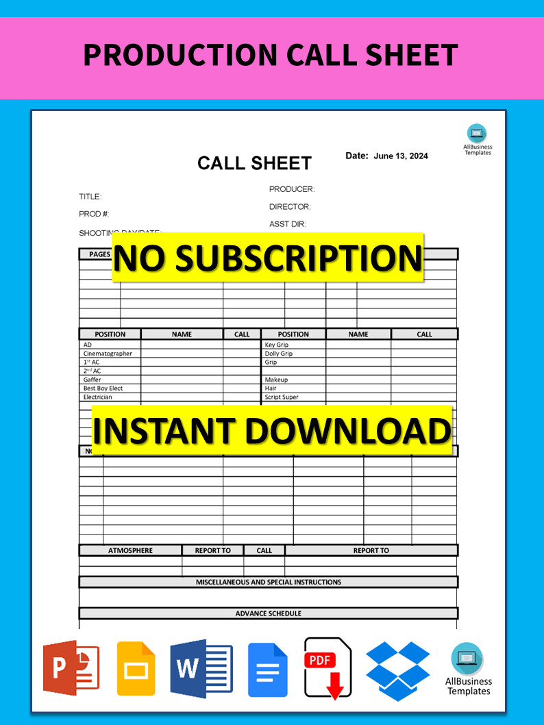 production call sheet plantilla imagen principal