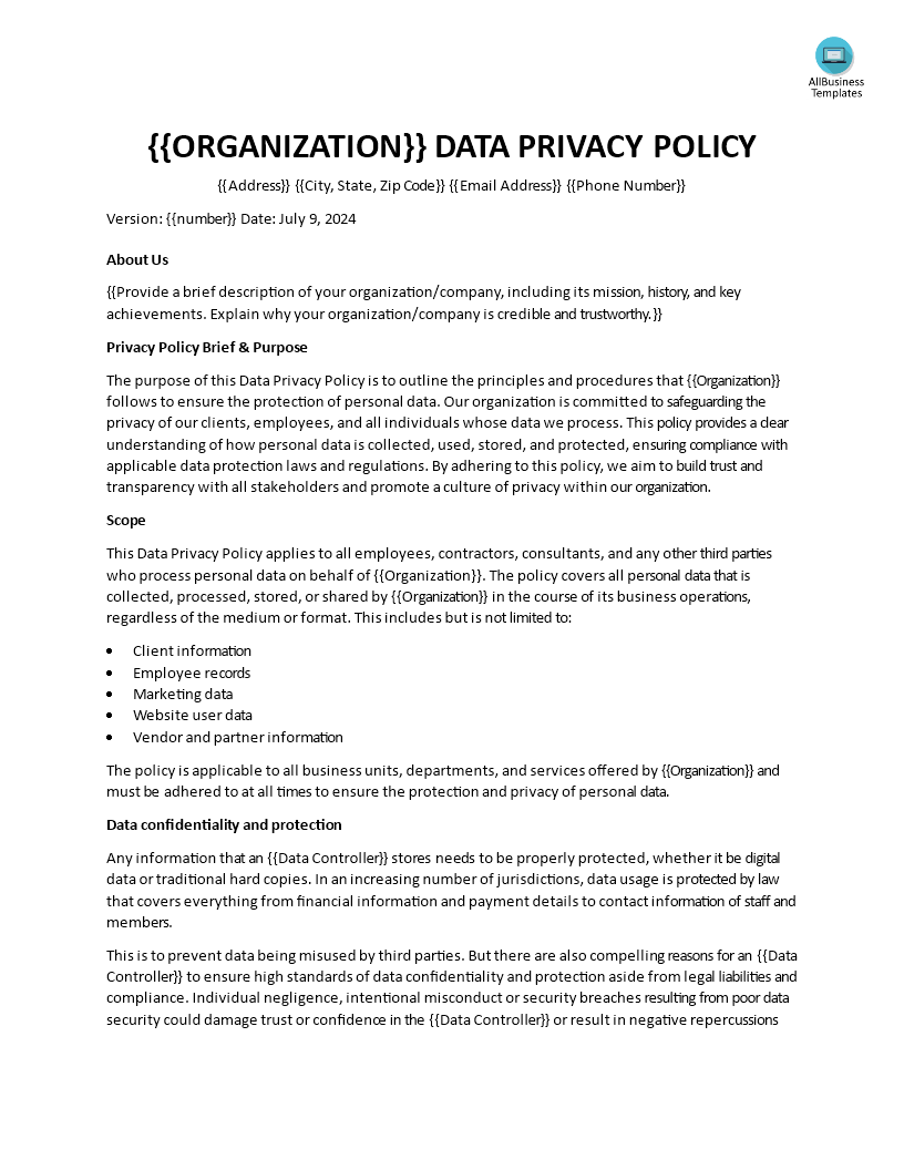 data privacy policy modèles