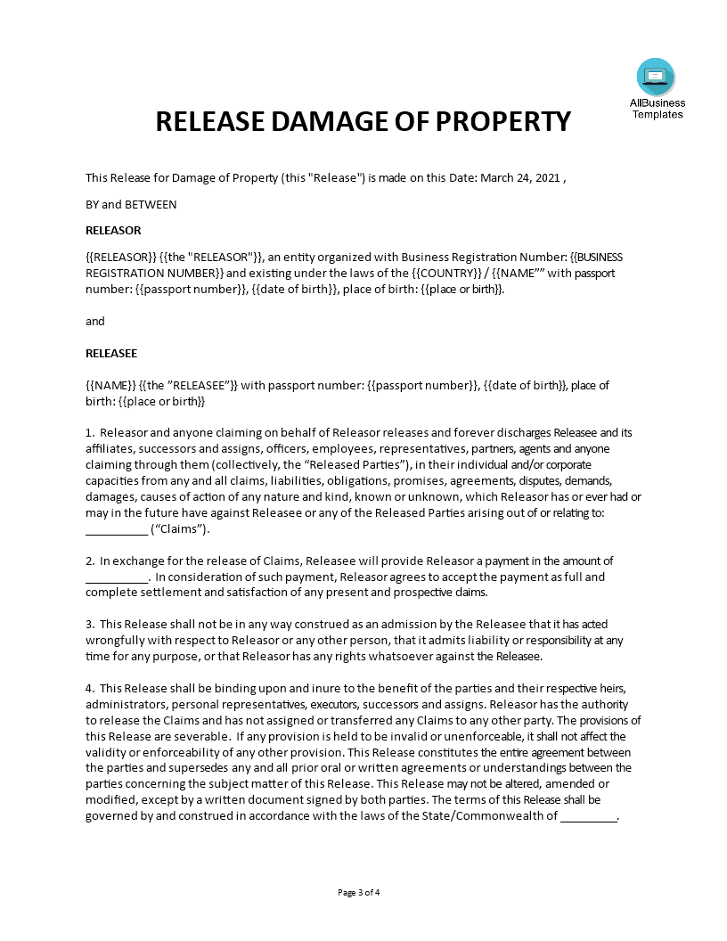 release waiver agreement damage to property modèles