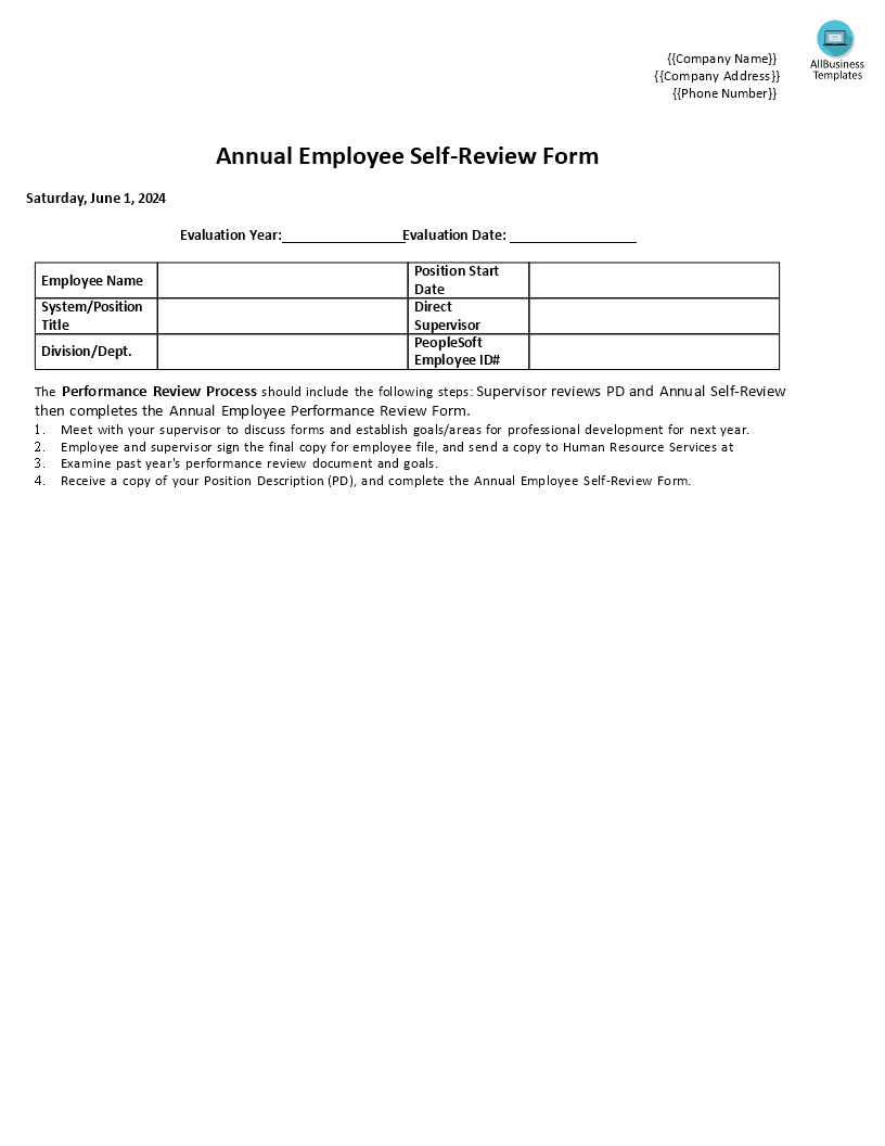 Annual Employee Self Review Form Templates at