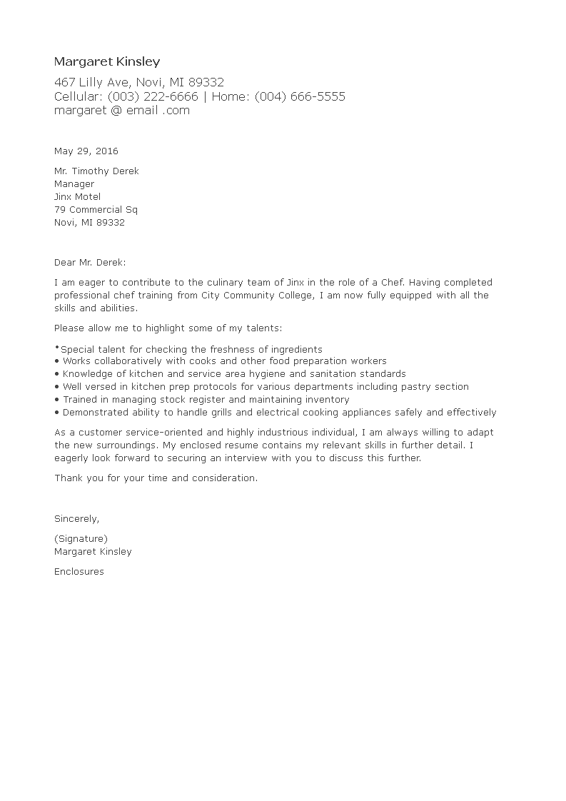 kitchen application letter with no experience
