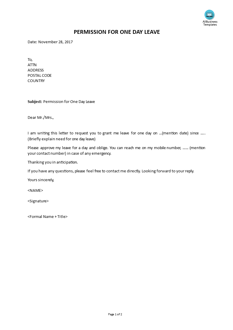 one day leave application letter template