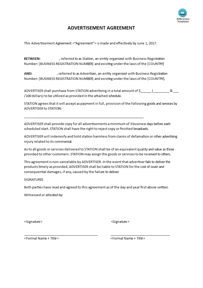 Advertisement Agreement Templates at