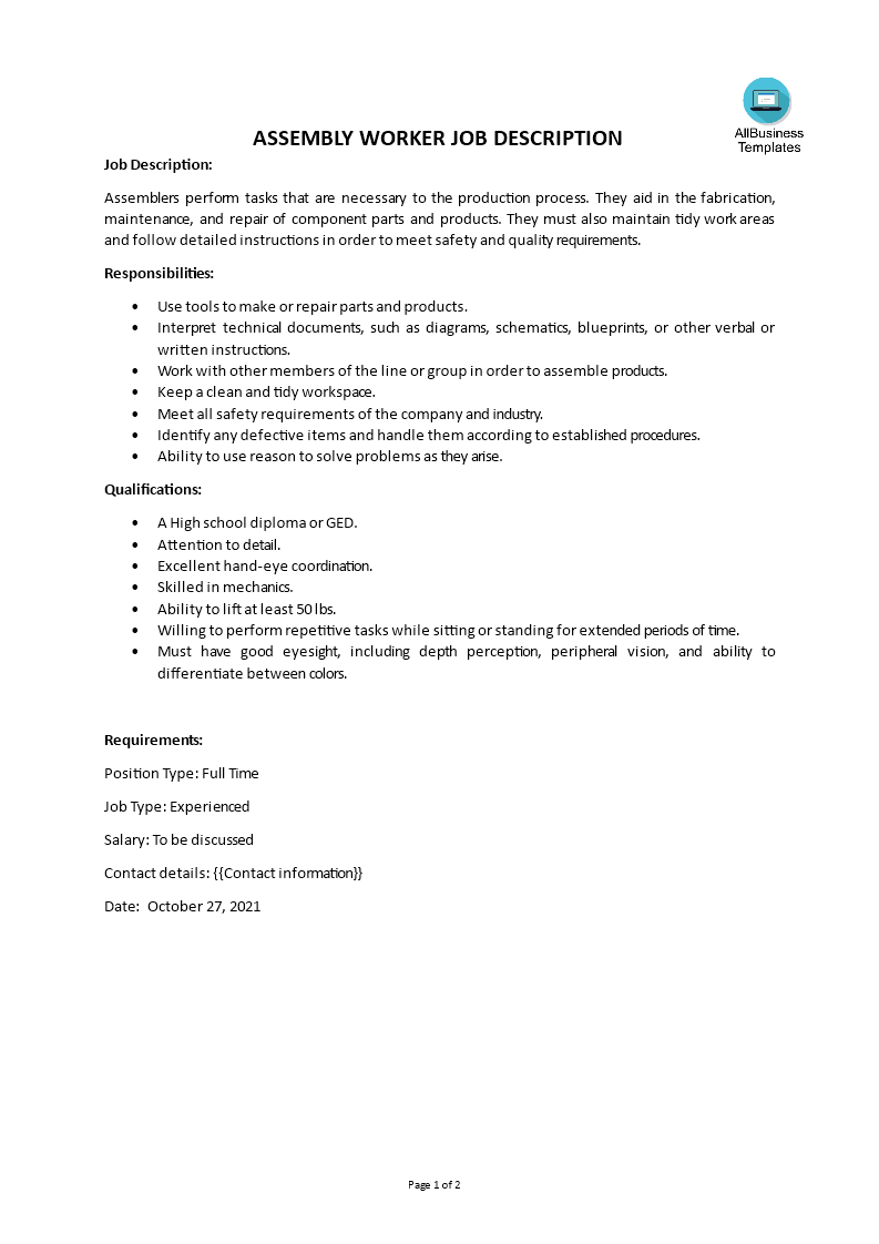 Assembly Worker Job Description Gratis