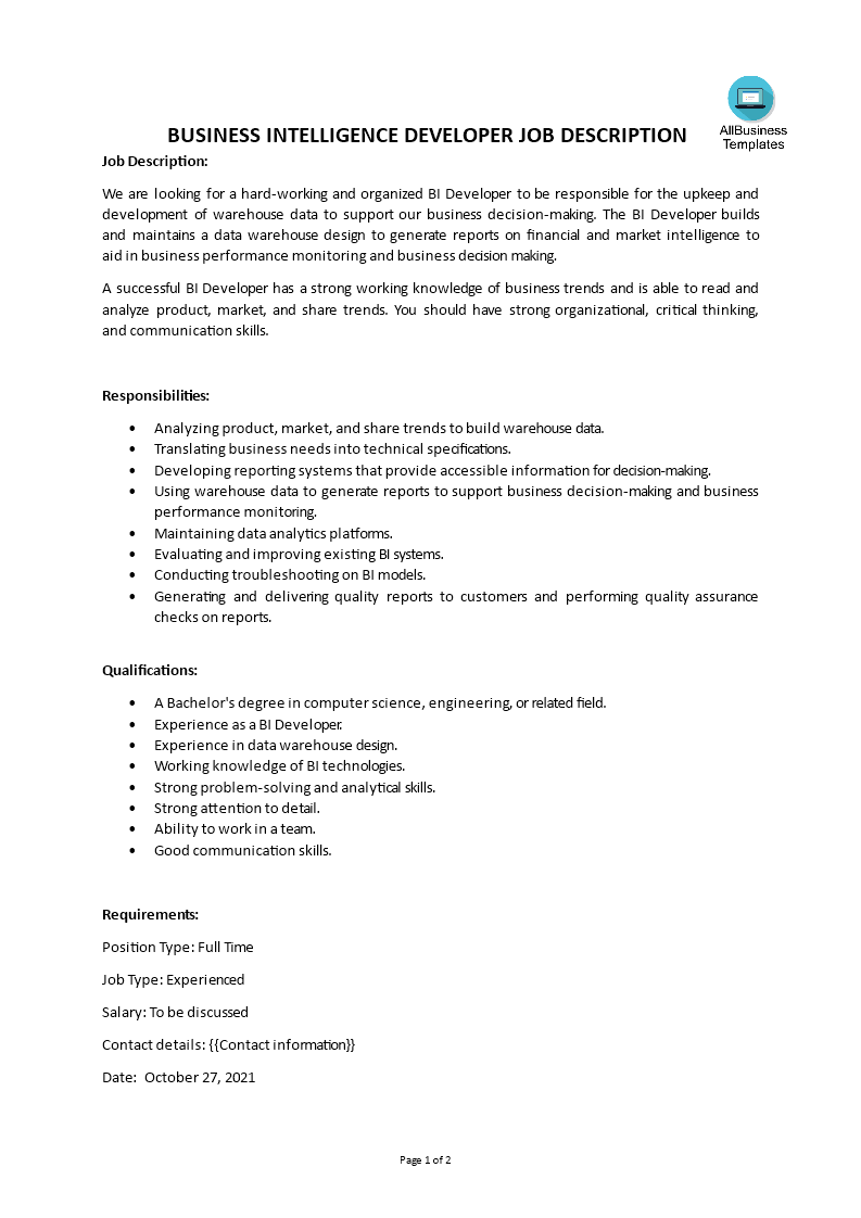 T l charger Gratuit Business Intelligence Developer Job Description