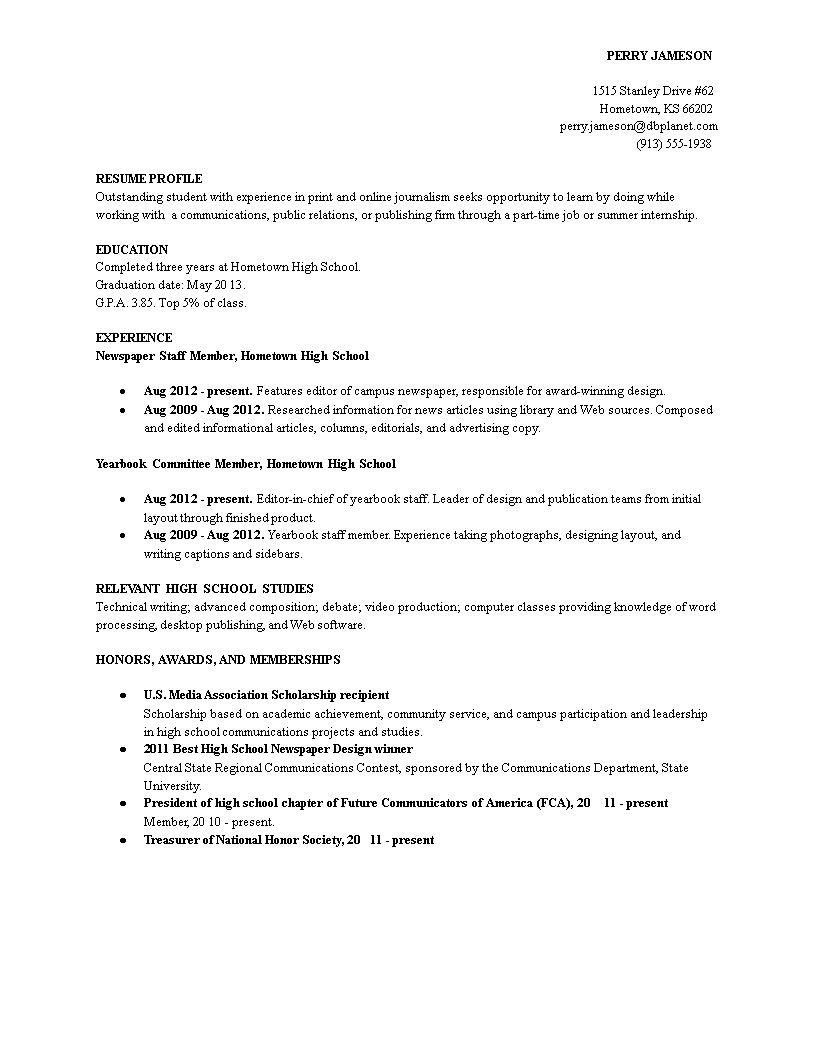 resume sample for high school graduate