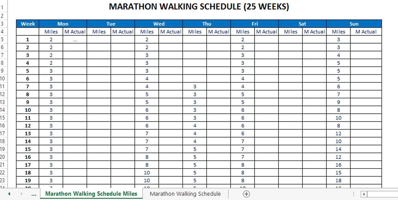 marathon running schedule for starters (in miles) template