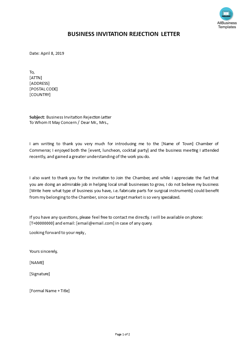 Business Invitation Rejection Letter in Word | Templates at