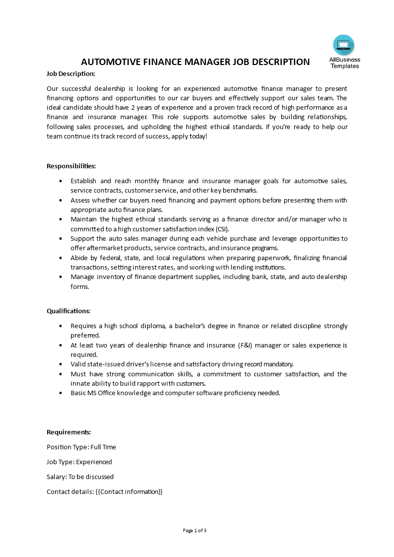 Automotive Finance Manager Job Description Templates At 