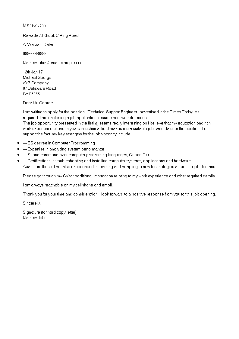 cover letter for technical support