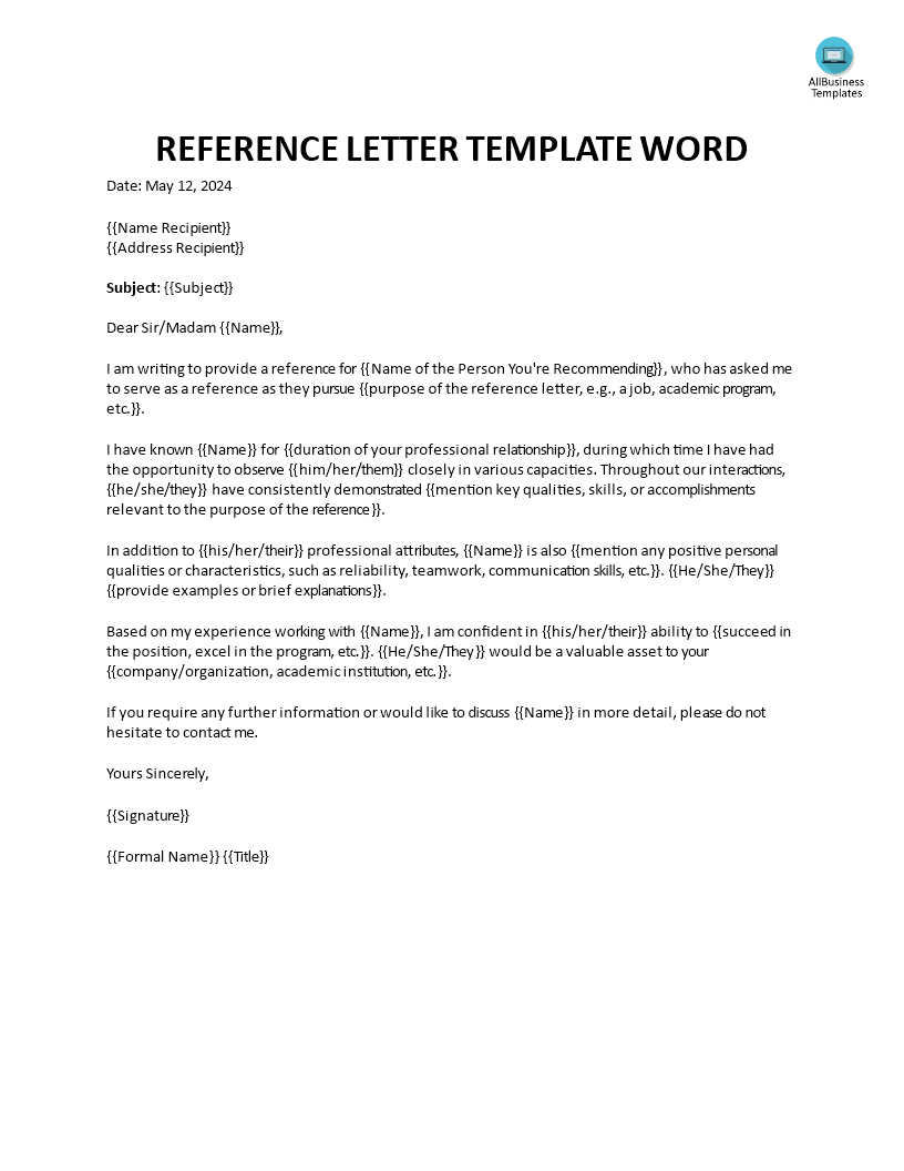reference letter template word Hauptschablonenbild