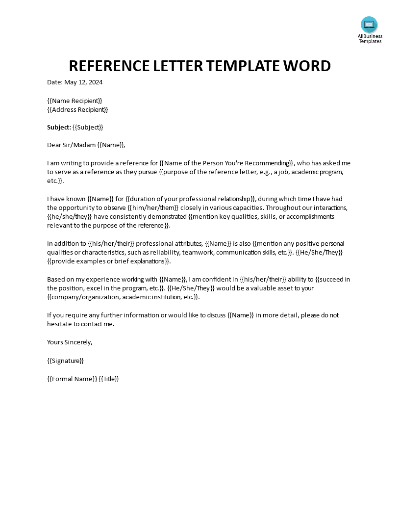 reference letter template word modèles