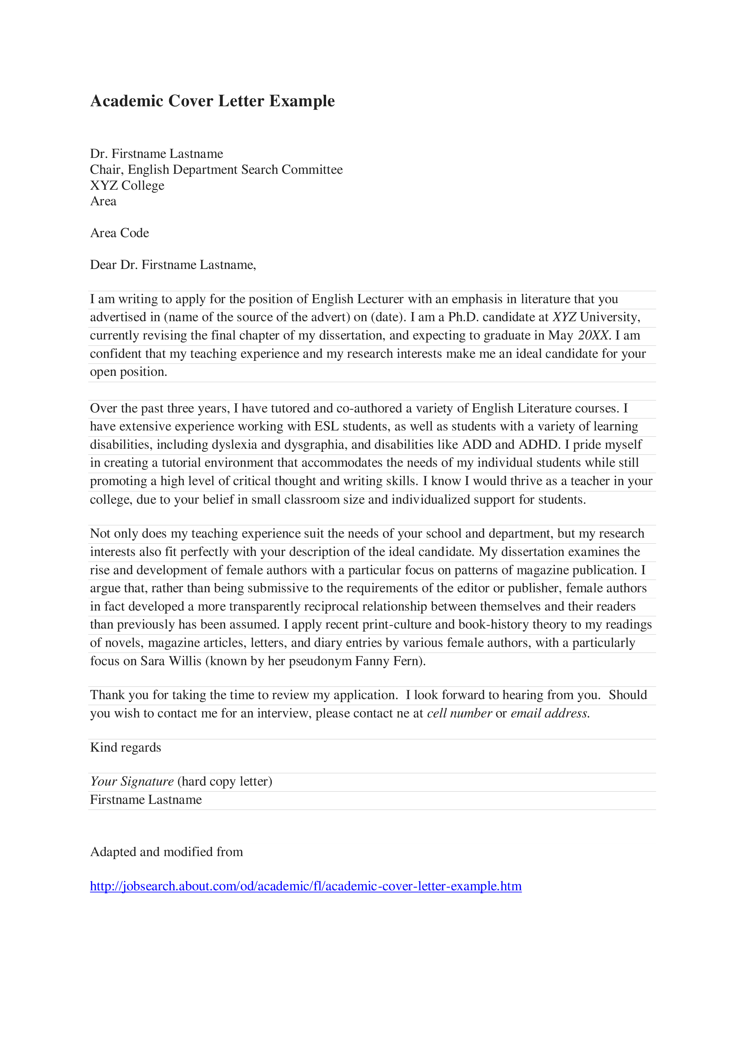 sample cover letter for academic faculty position