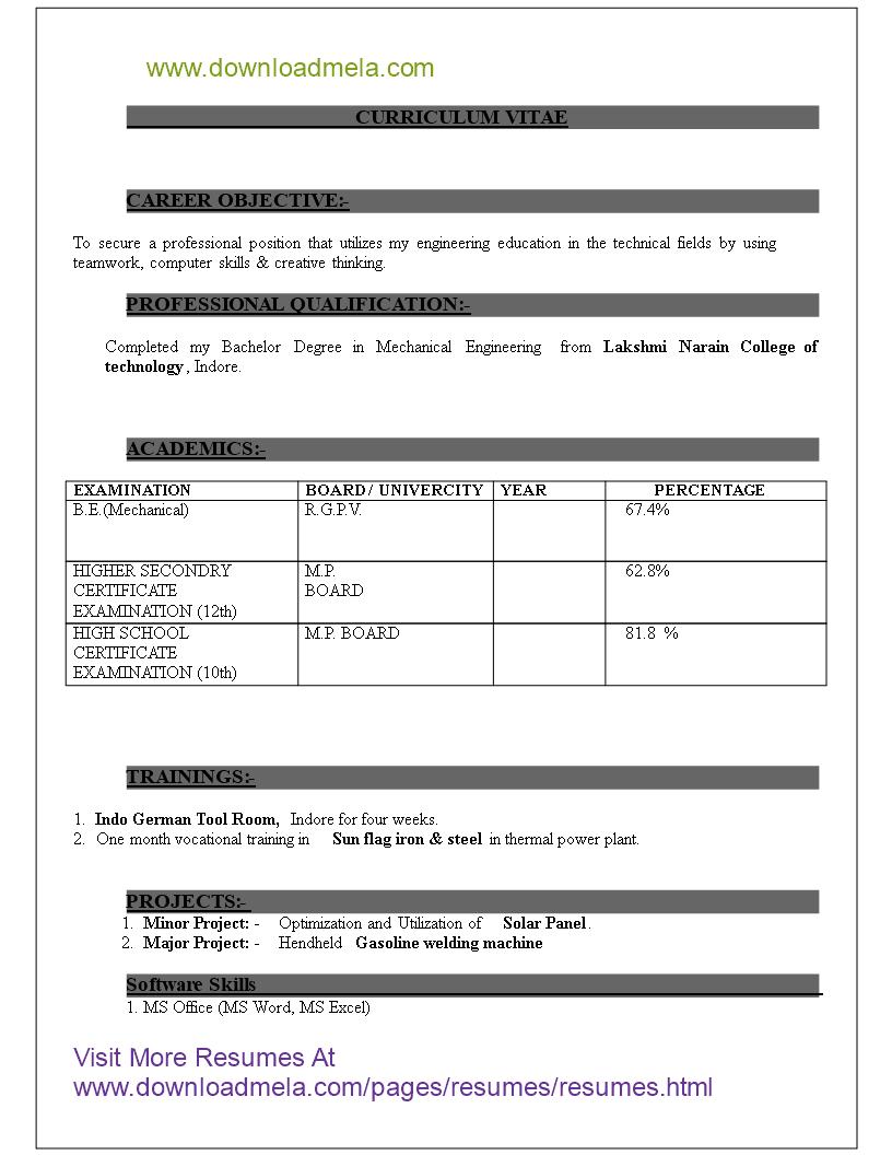 resume format for freshers of mechanical engineer