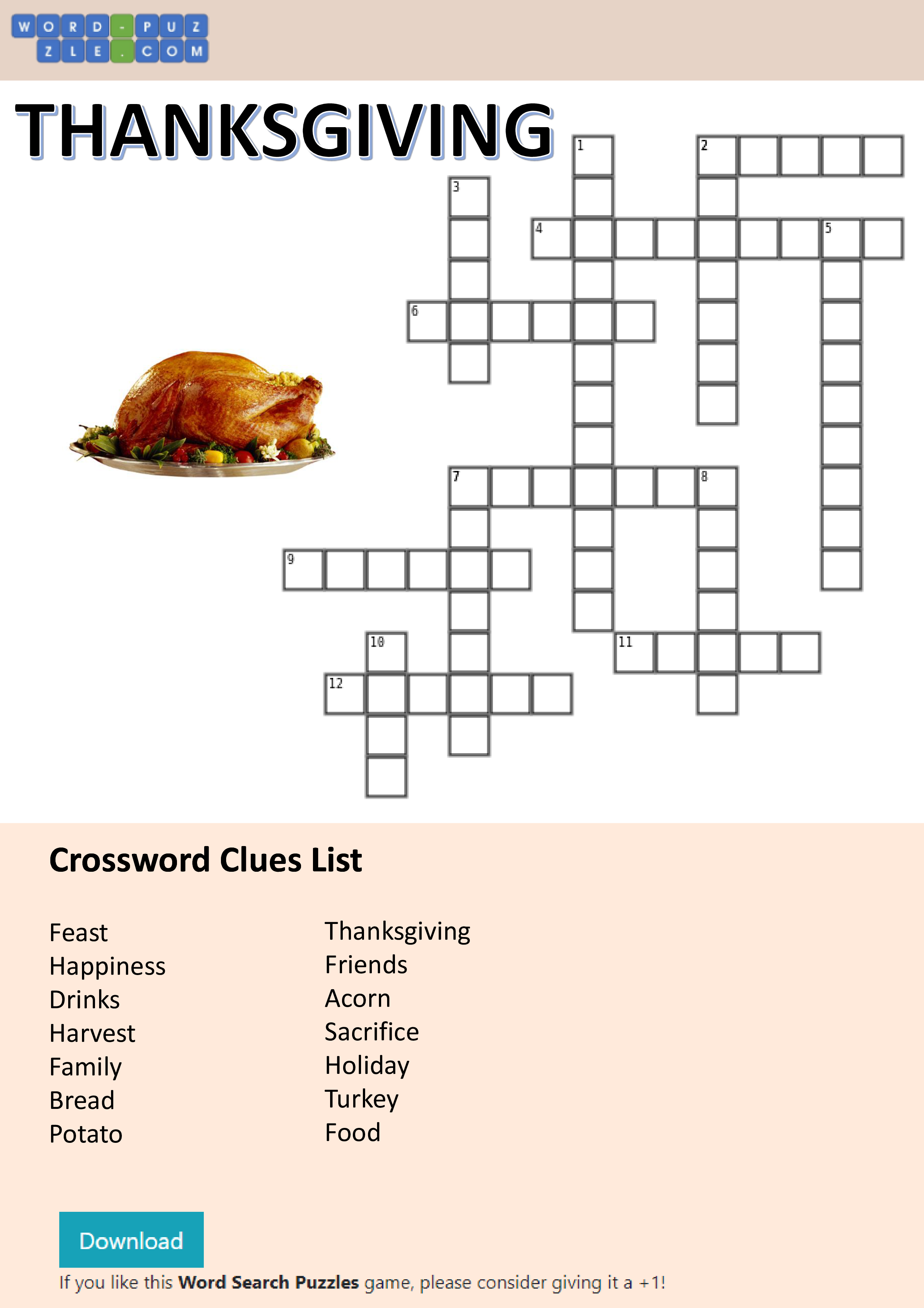 Thanksgiving Crossword Puzzle Free Printable