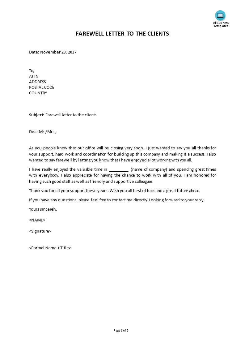 Farewell Letter To Colleagues Templates At Allbusinesstemplates