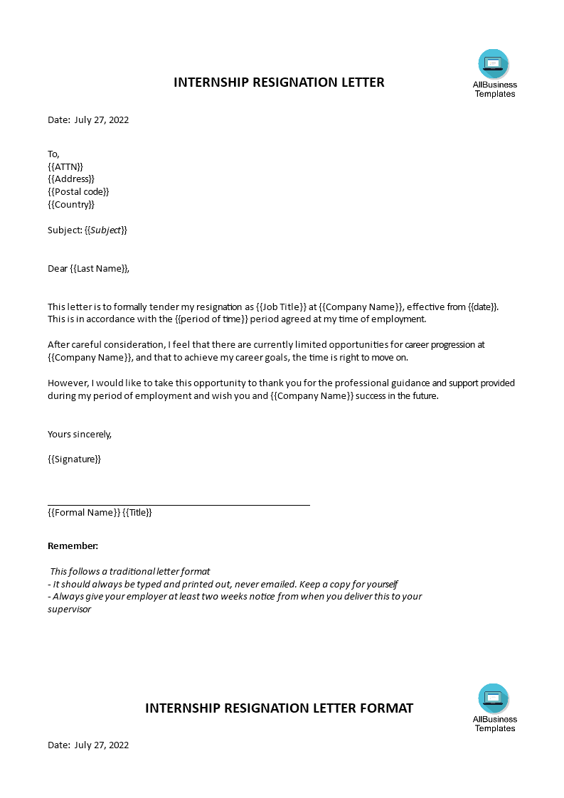 Printable Internship Resignation Letter | Templates at ...