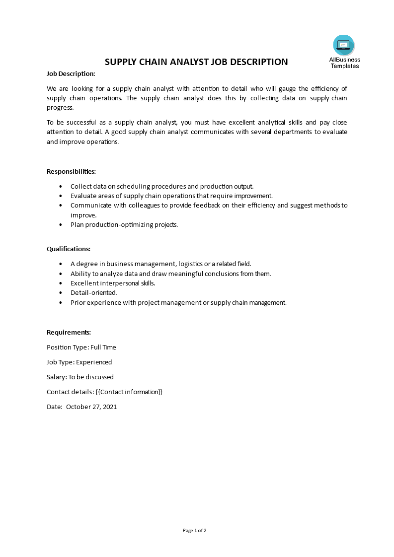 Gratis Supply Chain Analyst Job Description