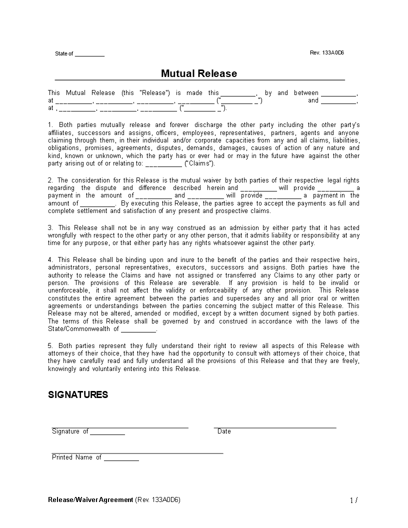 mutual release waiver agreement modèles