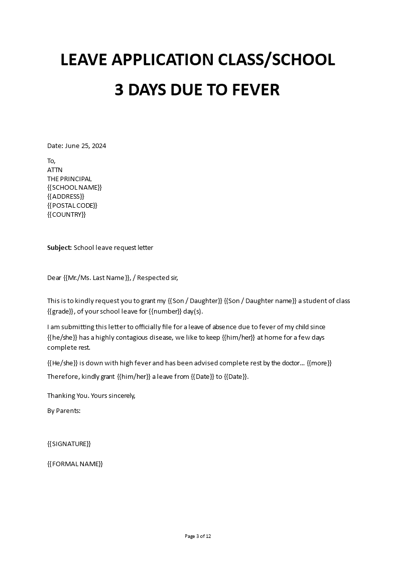 School Leave Letter due to Fever | Templates at allbusinesstemplates.com