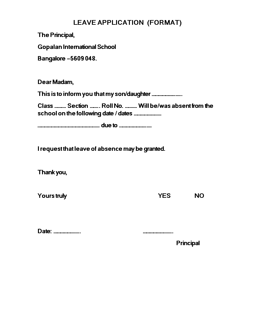 formal leave application letter template