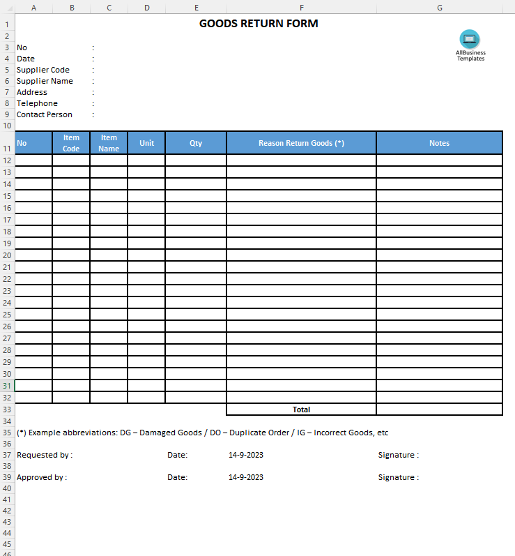 Gratis Retourformulier Voor Goederen Excel