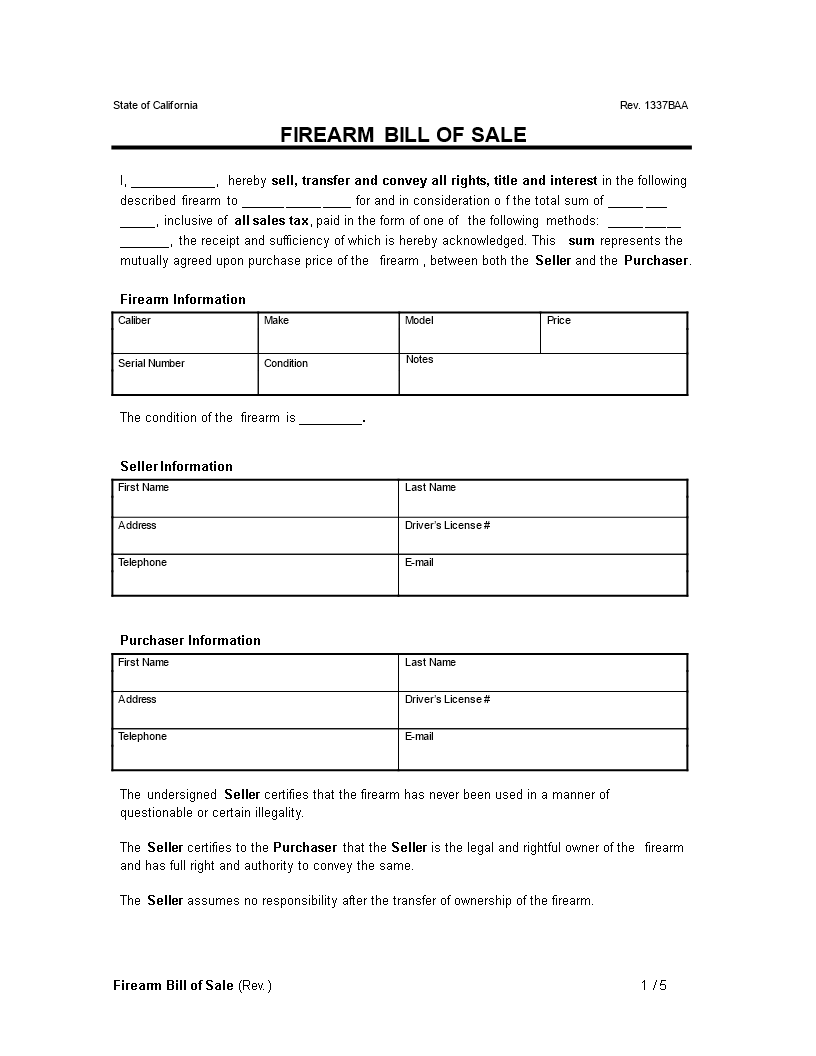 Firearm Bill Of Sale Templates At Allbusinesstemplates