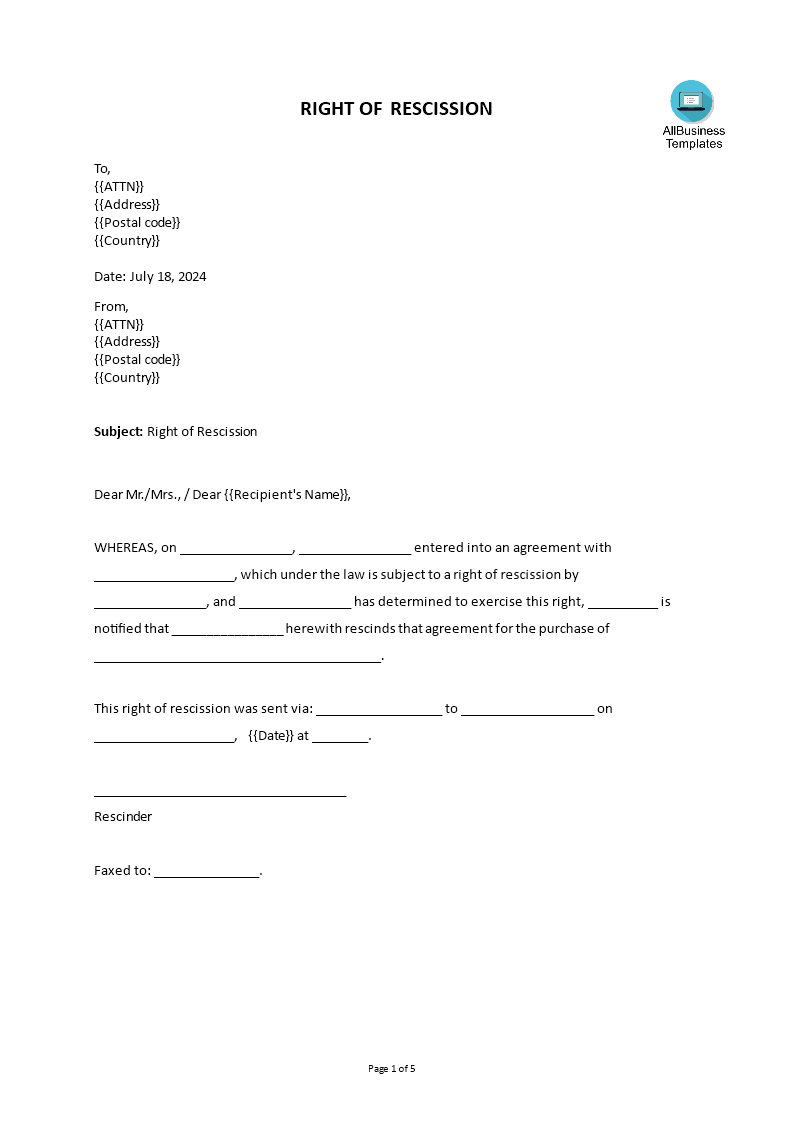 right of rescission template