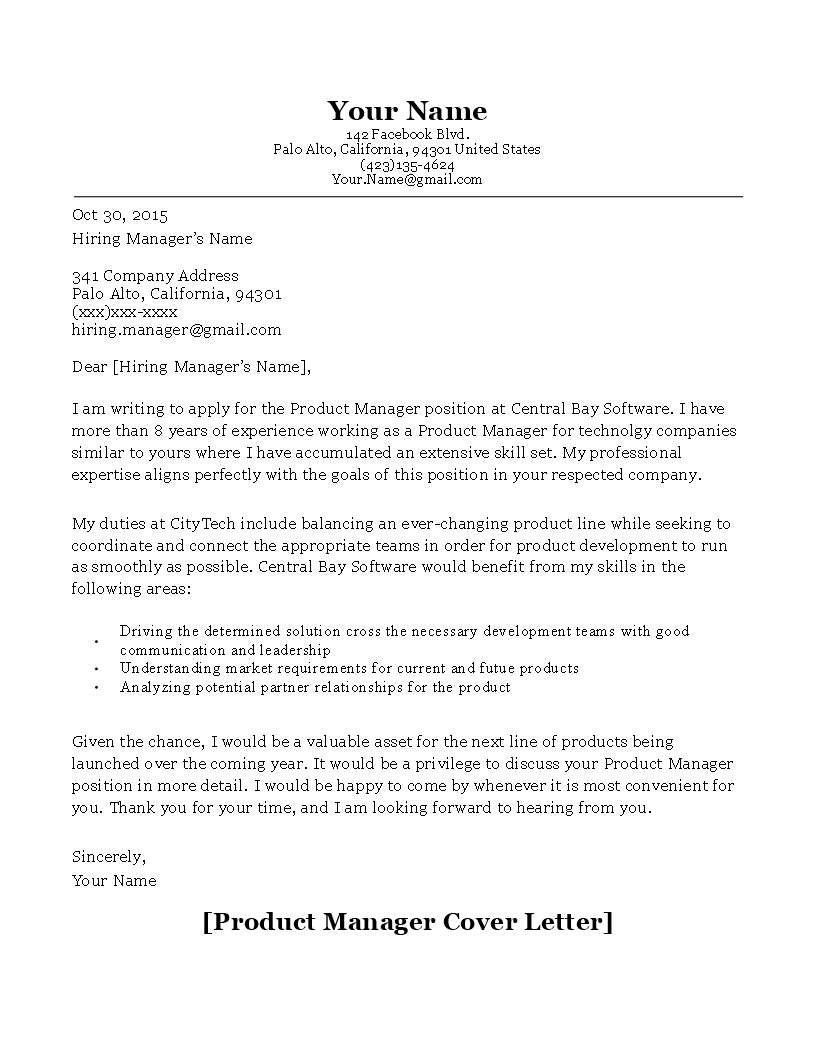 product manager cover letter samples