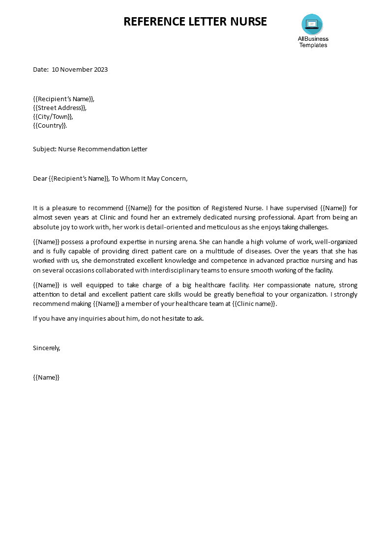 Recommendation Letter for Nurse from Doctor | Templates at